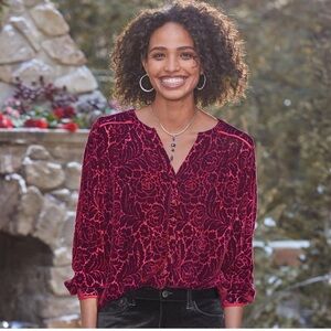 Sundance Velvet Obsession Rose Red Burgundy Burnout Blouse Top XXL silk blend